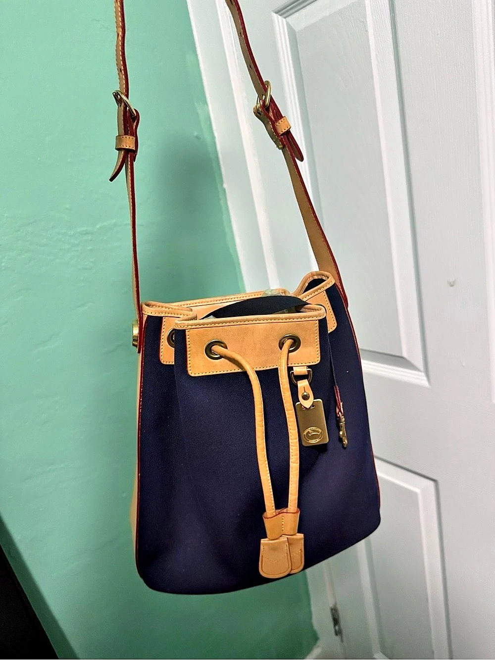 Dooney & Bourke Nylon Bucket Bag Shoulder Bag Blue & Brown vintage